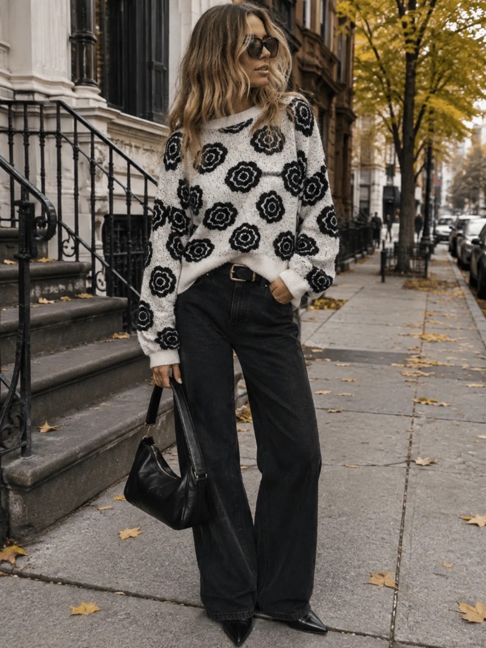 "En Créme" Women's Long Sleeve Floral Knit Pullover Sweater